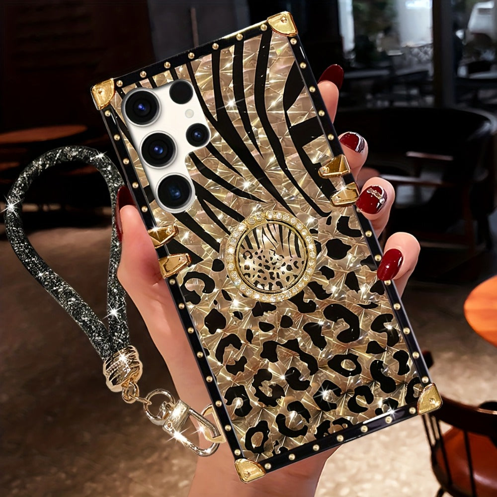 Leopard Print Samsung Galaxy Case Ring Holder Kickstand Anti-Drop Rectangular Cover for Galaxy S25 Ultra Plus S24 Ultra Plus FE S23 Ultra S22 Ultra S21 Ultra A56 A55 A54 A36 A35 A16 A15 A14 – Fashion Girly