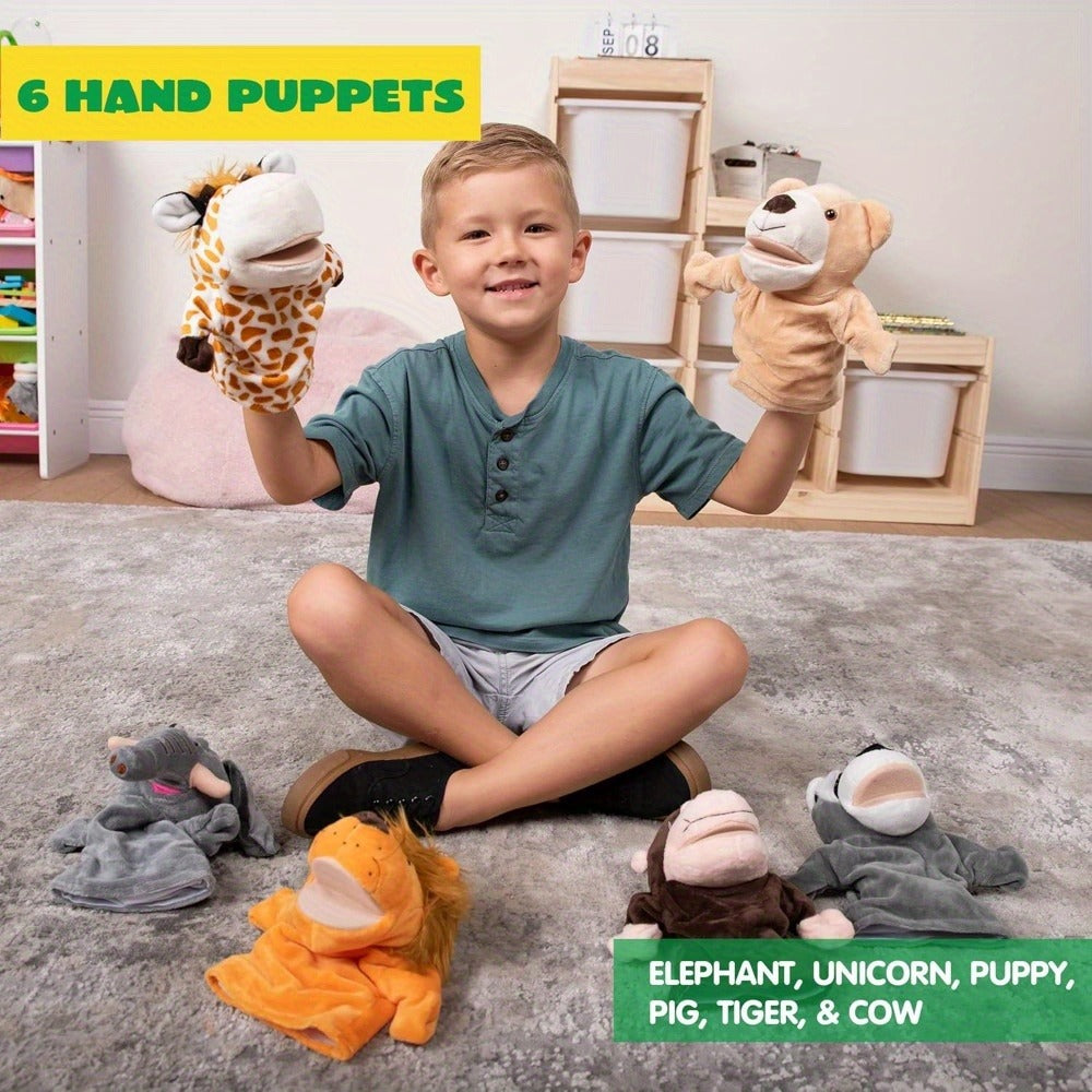 Animal Hand Puppets Set 6pcs Zoo Plush Puppets with Movable Mouths, Elephant Giraffe Lion Bear Raccoon Monkey, Storytelling Role Play Theater Toy for Kids Toddlers, Birthday Christmas Gift