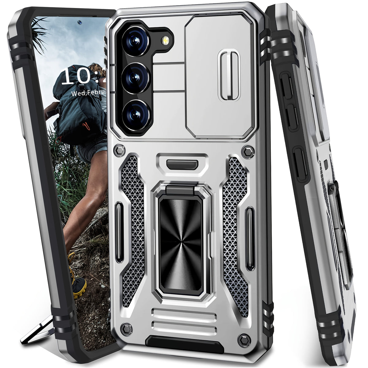 Samsung Galaxy Shockproof Magnetic Phone Case with 360° Rotating Ring Bracket & Sliding Lens Protector – Heavy Duty Cover for S24FE S23FE S22 S21FE Ultra A55 A54 A35 A34 A25 A24 A16 A15 A14 A06 A05 A05S 5G