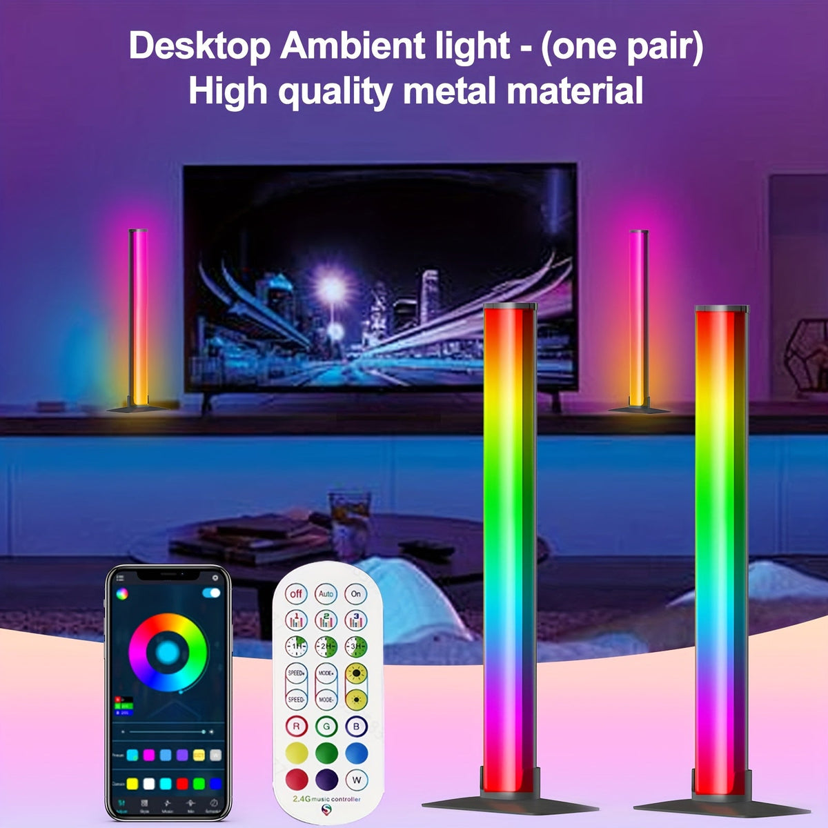 RGBIC Atmosphere Light with Music Sync - Desktop Ambient Light, App & Remote Control, Alloy Body, Multi-Mode Color Adjustment, USB 5V Powered, Single or Pair for Gaming Room, Bedroom & Desk Setup