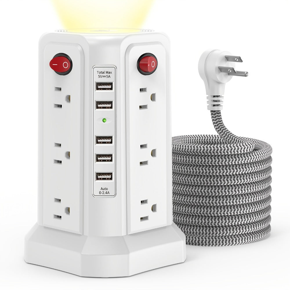 Power Strip Tower Angled Flat Plug 17-in-1 with 12 AC Outlets 4 USB-A 1 USB-C PD 18W 4 Independent Switches 1500J Surge Protector Desktop Extension Cord for Home Office Dorm Room – Black & White