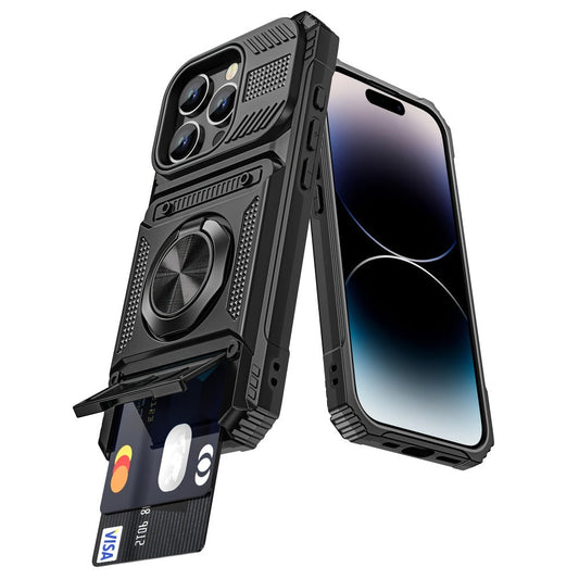 360° Metal Stand iPhone Case with Dual Card Slot Heavy Duty Shockproof Hard Shell Cover for iPhone 16 15 14 13 11 Pro Max Plus 8 7 Series – Rotating Kickstand Wallet Phone Case
