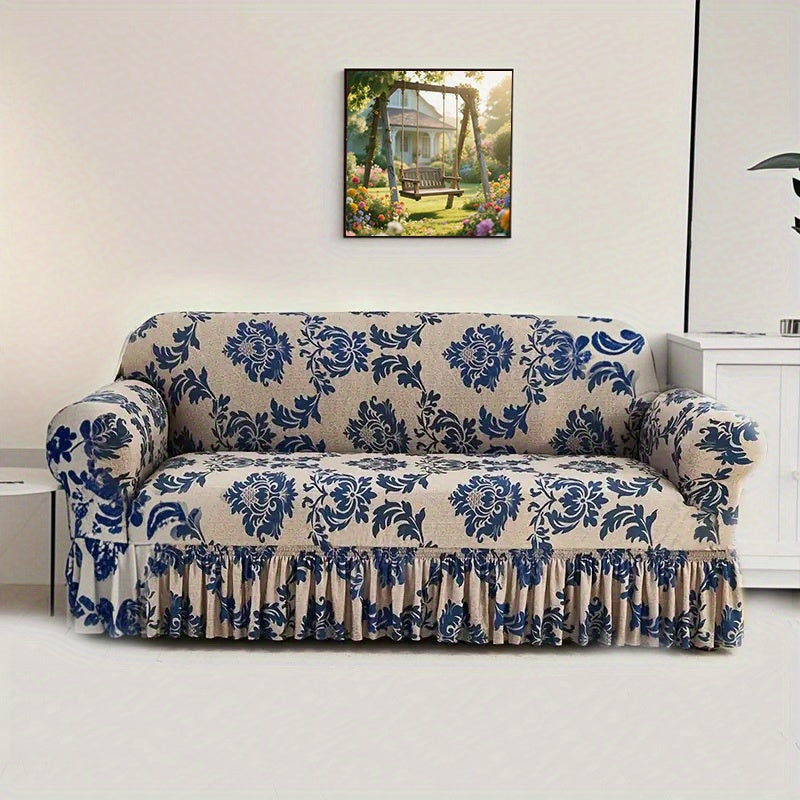 Stretch Sofa Cover Slipcover High-Stretch Fabric Ruffle Skirt Non-Slip Rod All-Season Snug Fit for 1 2 3 4 Seater Couch — Dark Blue with Pillow Cover