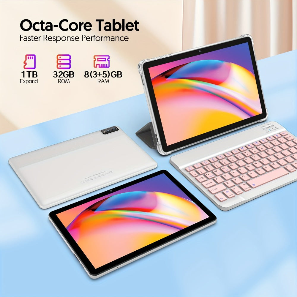 10 Inch Android 14 Tablet 8GB RAM 32GB ROM 1TB Expandable Octa-Core 1280x800 IPS Touch Screen Dual Camera WiFi 2-in-1 Tablet PC with Optional Keyboard Mouse Case & Stylus – White