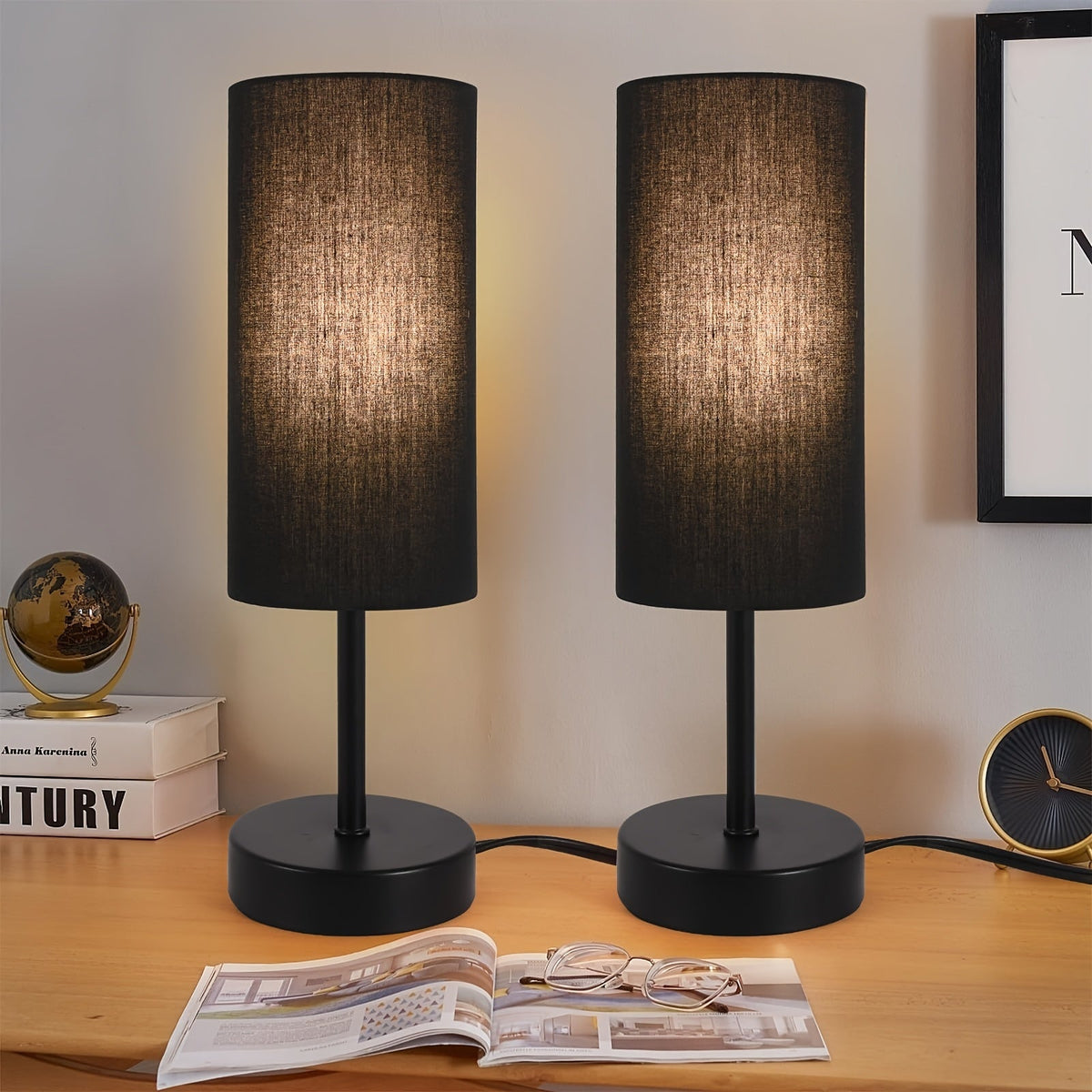 Small Bedside Table Lamp Set of 2 – Linen Shade Nightstand Lamp with Cord Switch, 5W LED Bulb Included, Compact Desk Light for Bedroom Living Room Children's Room Office Dorm (Black / Beige Black)