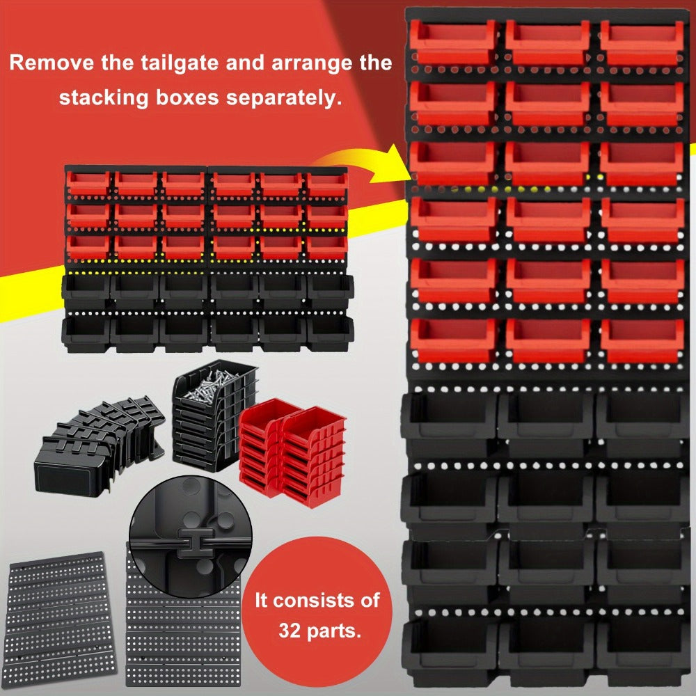 Wall Mounted Storage Bin Rack System – Heavy Duty Small Parts Organizer for Screws, Nuts, Bolts & Nails | Stackable Garage Workshop Tool Storage Rack | 30/60/90 Bins Hardware Organizer