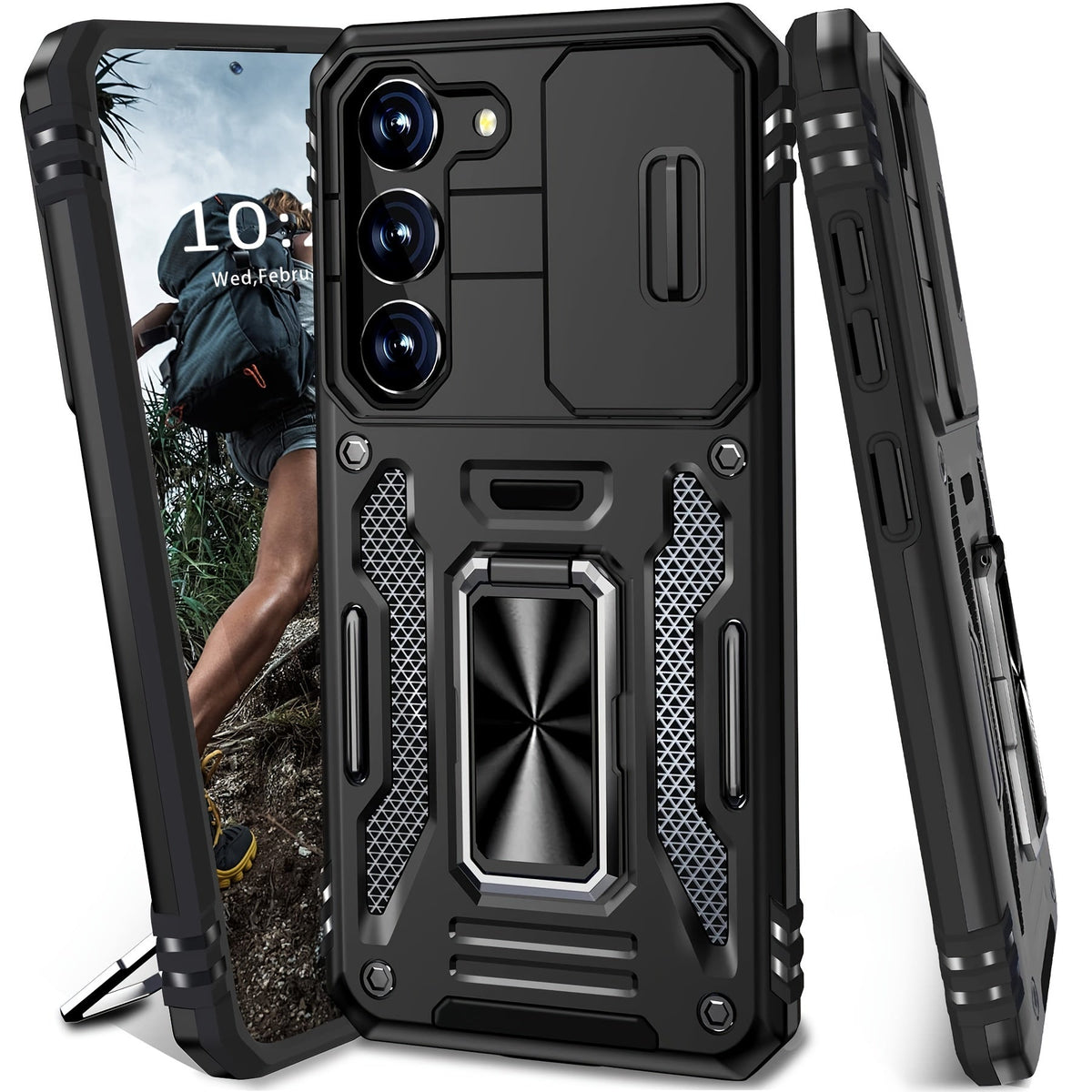 Samsung Galaxy Shockproof Magnetic Phone Case with 360° Rotating Ring Bracket & Sliding Lens Protector – Heavy Duty Cover for S24FE S23FE S22 S21FE Ultra A55 A54 A35 A34 A25 A24 A16 A15 A14 A06 A05 A05S 5G