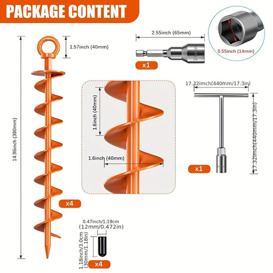 Spiral Earth Anchors with Screw-In Design, 15-Inch Orange Ground Stakes
