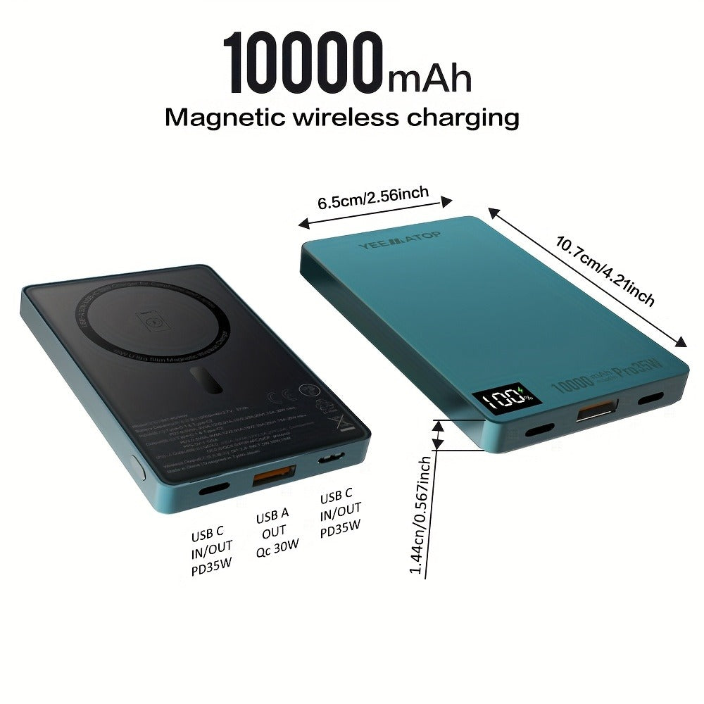 35W USB-C PD Magnetic Power Bank 10000mAh MagSafe Compatible, 30W QC 3.0 Wireless Fast Charging Portable Charger with PPS Support for iPhone 17 16 15 14 13 12 Android Samsung Galaxy