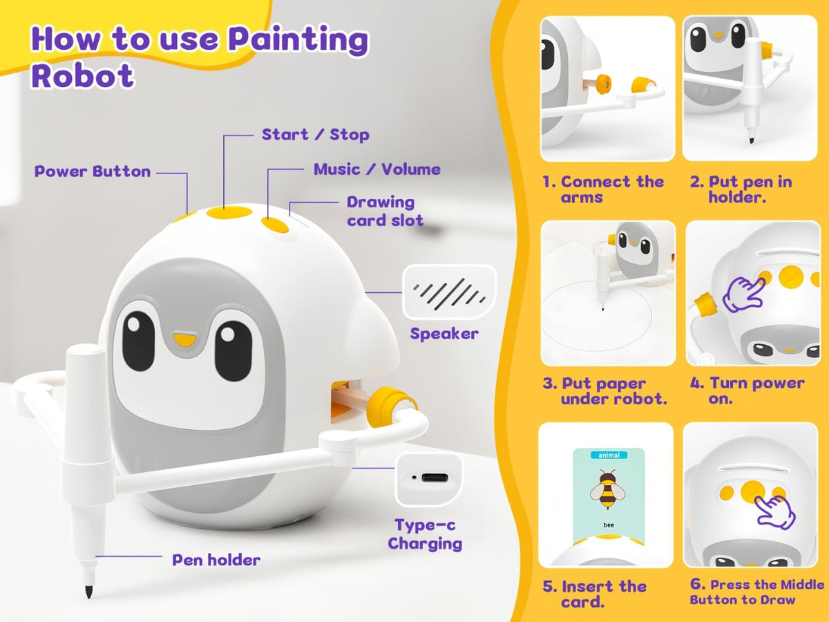 Drawing Robot for Kids Penguin, 200 Learning Cards & 12 Color Pens, STEM Art Educational Toy, Screen-Free Interactive Drawing Game, Step-by-Step Lessons for Boys & Girls Ages 3+, USB Charging, Birthday Gift