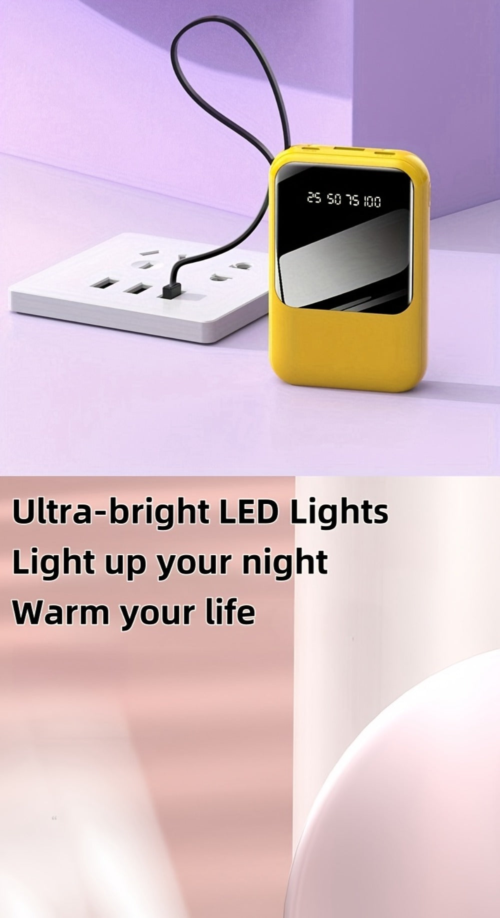 10000mAh Mini Power Bank with Built-in 4 Cables – 22.5W Super Fast Charging, LED Display, Cute Portable Charger for iPhone, Android, Samsung & Travel, Ultra-Compact Battery Pack with LED Light
