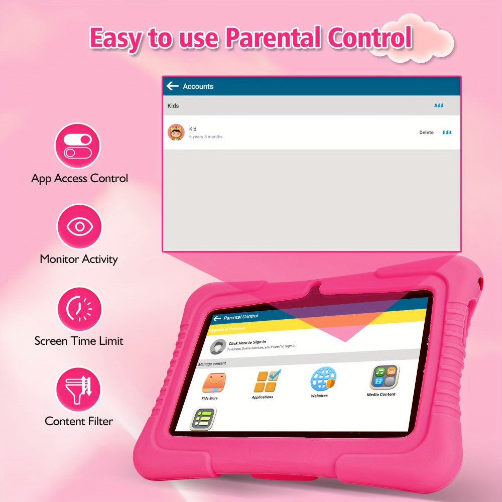 Veidoo Kids Tablet 7 Inch Eye Protection Screen 2GB RAM 32GB ROM Android WiFi Dual Camera Parental Control Educational Games Drop-Proof Silicone Cover Children Learning Tablet Pink Blue