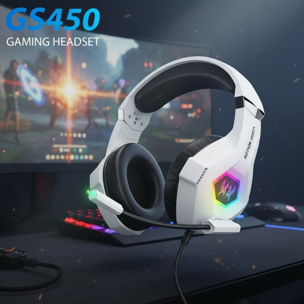 GS450 Gaming Headset Surround Stereo with LED Lights & Soft Memory Earmuffs – Noise Cancelling Mic Over-Ear Headphones for PS5 PS4 Xbox One Switch PC Mac Computer Games