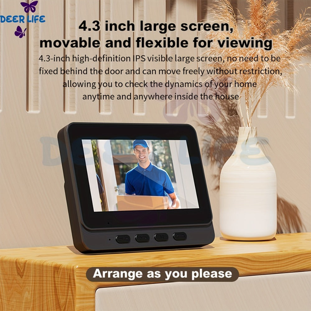 Wireless Doorbell with Monitor No WiFi No Subscription – 4.3" Screen, Two-Way Talk, Night Vision, 365-Day Standby, IP66 Waterproof, 128GB Auto Recording, No App No Monthly Fee