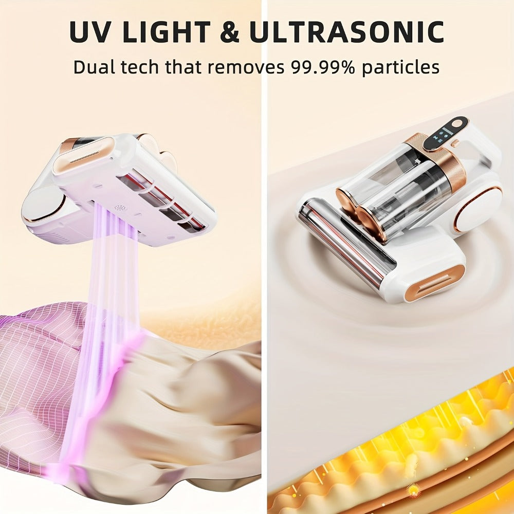 Mattress Vacuum Cleaner Handheld Bed Cleaner – 16KPa Strong Suction with UVC Light & Hot Air Heating, Deep Clean for Pillows, Sofa, Crib & Pet Hair, Double Cup Design, White or Purple