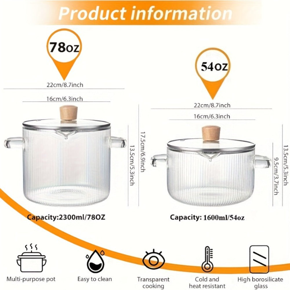 Glass Saucepan Set 2-Pack Stovetop Safe Borosilicate Ribbed Pots with Lids – 78oz & 54oz Heat Resistant Cookware for Soup, Ramen, Milk | Transparent Glass Pot Kitchen Cooking Set with Baking Mat