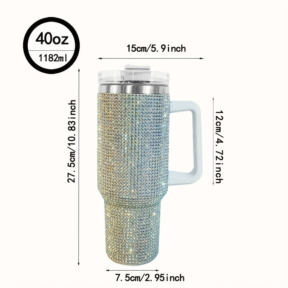 Bling Diamond Tumbler 40 Oz – Studded Rhinestone Stainless Steel Insulated Travel Mug with Handle & Straw Lid – Fits Car Cup Holders – Glamorous Gift for Women – Silver