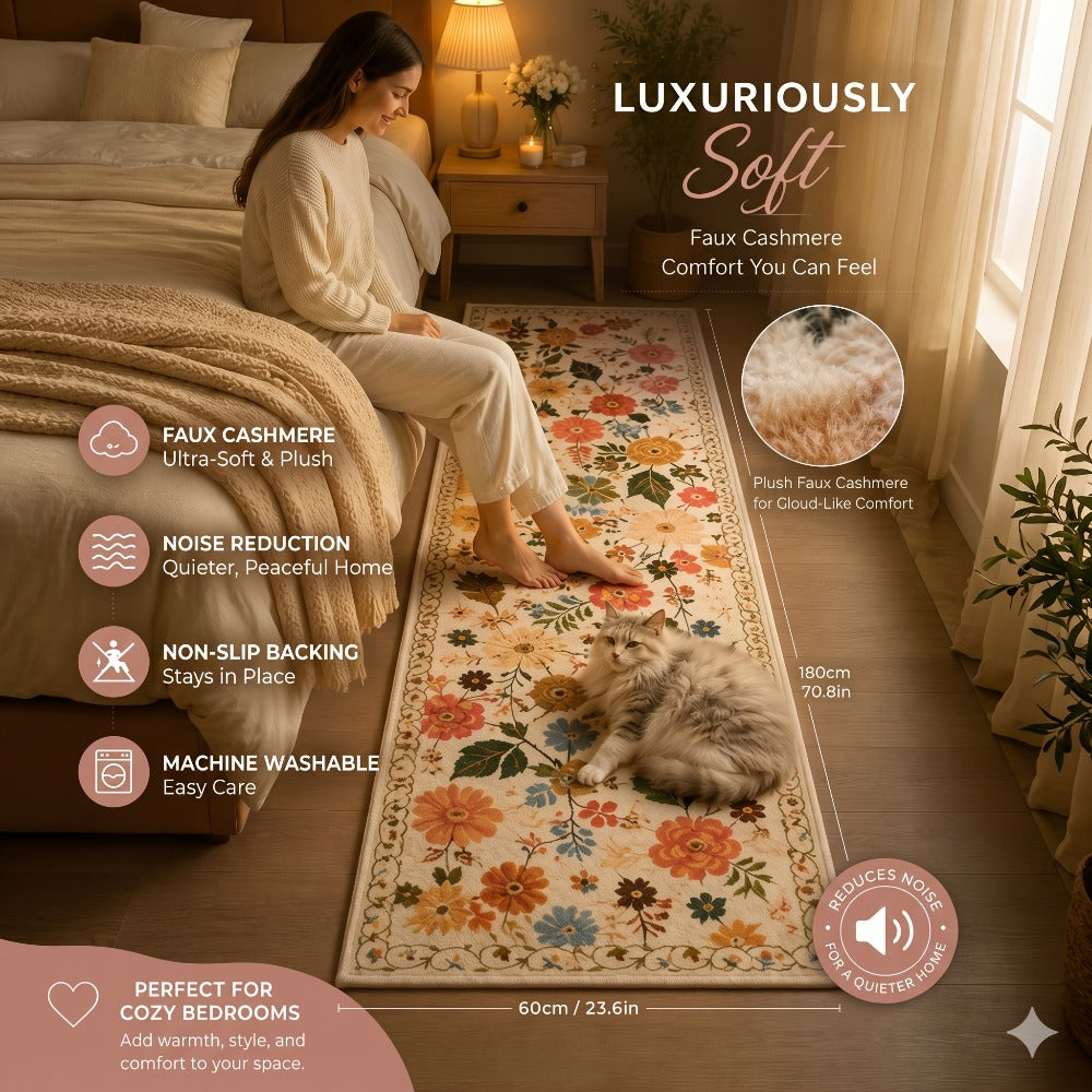 Bohemian Floral Plush Rug Non-Slip Machine Washable – Soft Floral Runner Mat for Bedroom, Kitchen, Bathroom, Entryway & Living Room – Easy Clean Indoor Home Decor Mat, 4 Sizes