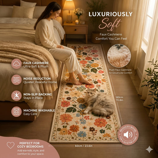 Bohemian Floral Plush Rug with Non-Slip Backing, Washable Accent and Runner Sizes