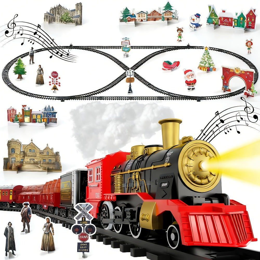 Electric Train Set with Smoke, Lights & Sound – 6-Car Christmas Toy Train with Switch Tracks