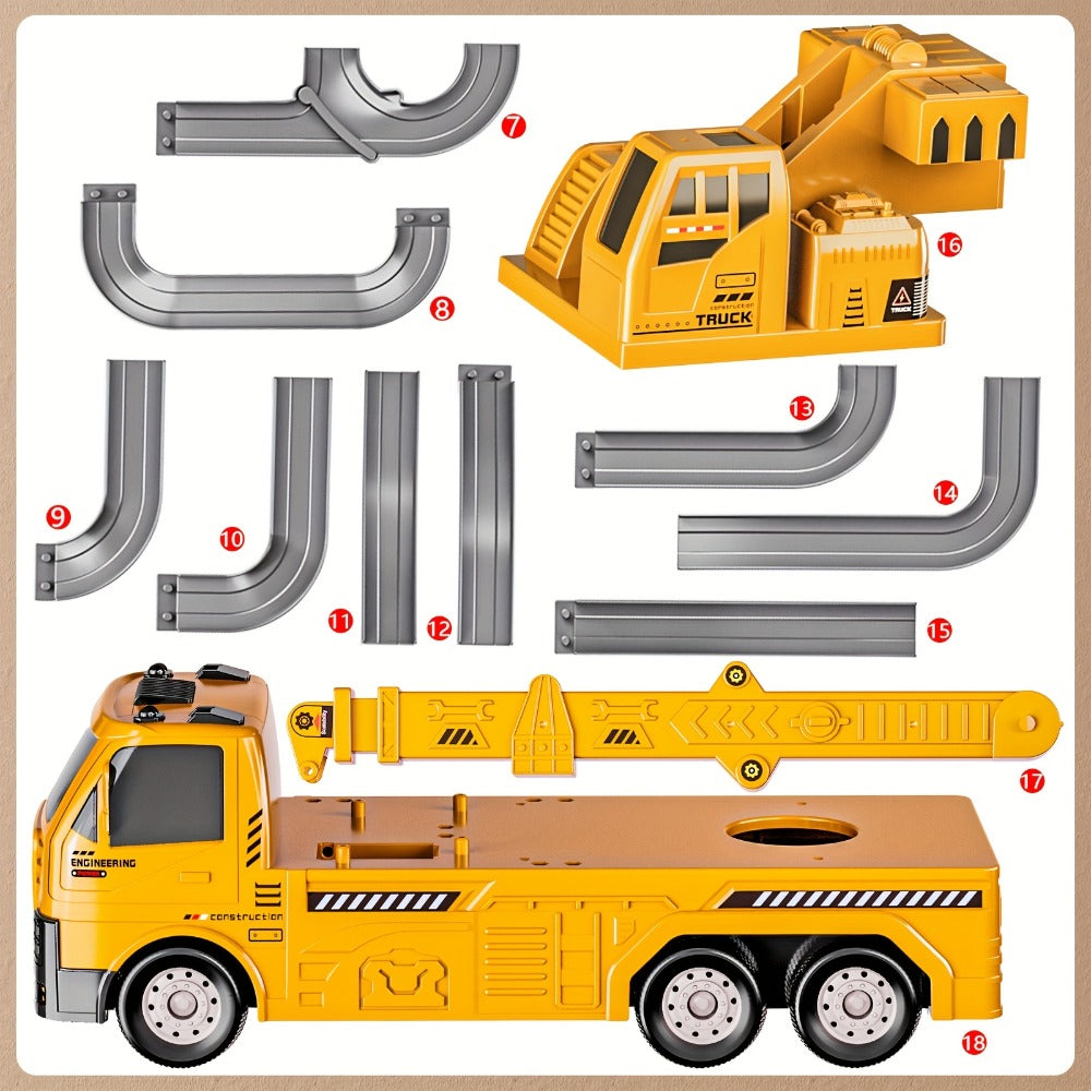 Crane Racing Track Toy Set – 3-in-1 Construction Playset with Excavator, 8 Cars, Lights & Sounds