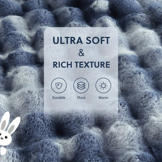 Faux Rabbit Fur Blanket with Moire Texture and Plush Fleece Lining