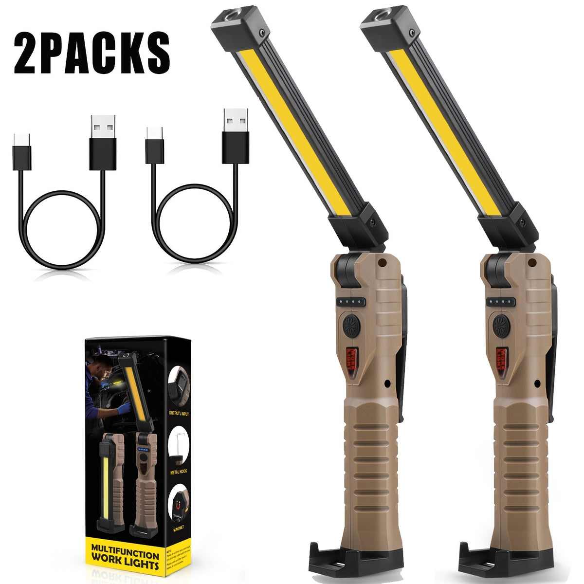 COB LED Work Light Magnetic Base Rechargeable USB 20000 Lumens 7 Modes 180° Rotation Portable Hanging Flashlight with Built-in Battery Power Bank Function for Workshop Garage Car Repair 1/2/4 Pack