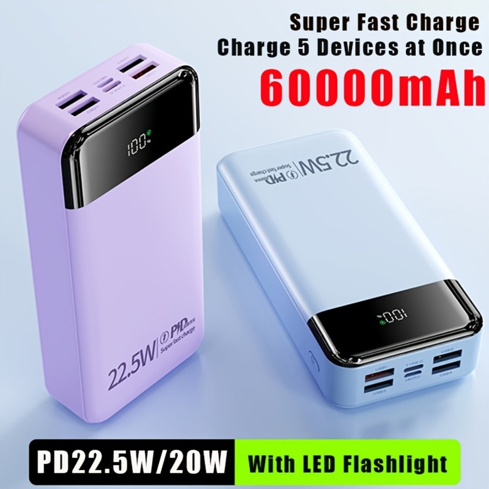 60000mAh Power Bank 22.5W Fast Charging with Built-in Light LED Power Display Removable Emergency Battery Pack for Android iPhone Phones Tablets Outdoor Travel Camping