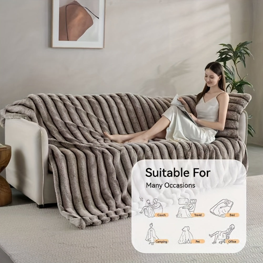 Double-Layer Faux Rabbit Fleece Blanket – 450-500gsm Thickened Soft Warm Throw for Bed, Couch & Travel, All Season, 3 Colors, 5 Sizes
