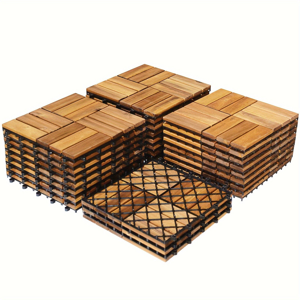 Interlocking Acacia Wood Deck Tiles 27-Pack – 12x12 Inch Oil-Finished Slat Tiles, Covers 27 Sq Ft, Tool-Free Install, for Patio, Balcony, Garden, Deck & Indoor Flooring