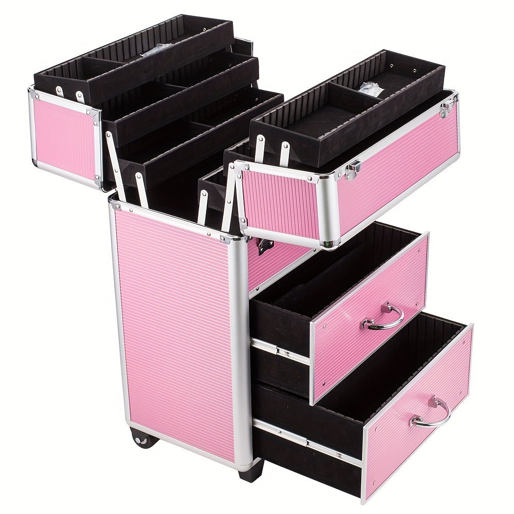 Lockable Aluminum Makeup Train Case with Extendable Trays Multi-Tier Professional Cosmetic Organizer — Portable Salon Travel Beauty Case with Lock Pink Rose Gold