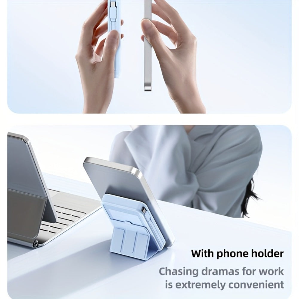 Magnetic Power Bank 10000mAh USB-C Fast Charging – Built-in Cable, Charges 5 Devices & Laptops Simultaneously, Foldable Stand, Portable External Battery for Travel Work Daily Use