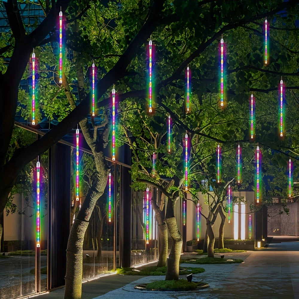 Solar Meteor Shower String Lights 192 LED Flower Theme - Outdoor Hanging Tree Lights Touch Control Warm Multi Color Blue for Garden Courtyard Christmas Halloween 4th of July Wedding Decoration