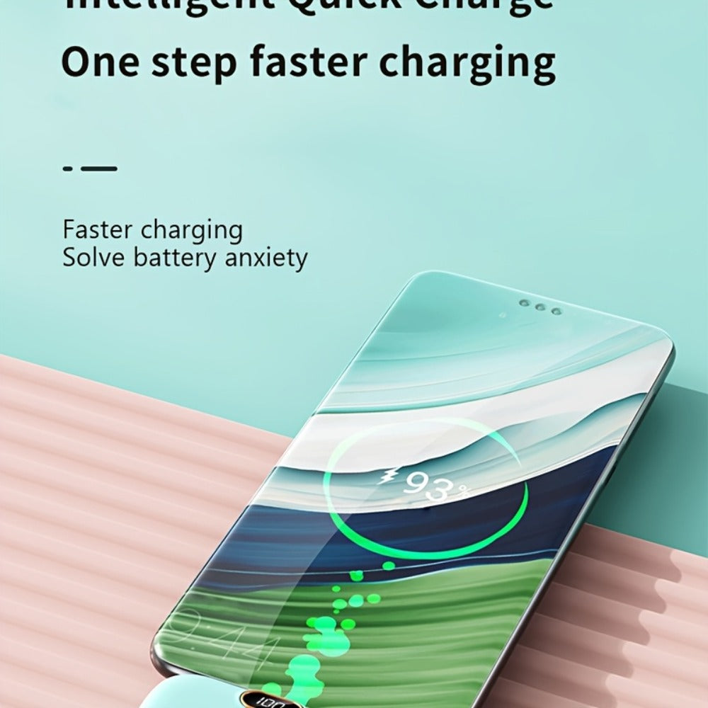 Mini Power Bank 5000mAh with Built-in USB-C Connector Fast Charging – Ultra-Compact Pocket Portable Charger for iPhone Android Samsung | Emergency Travel Charger | Green Pink