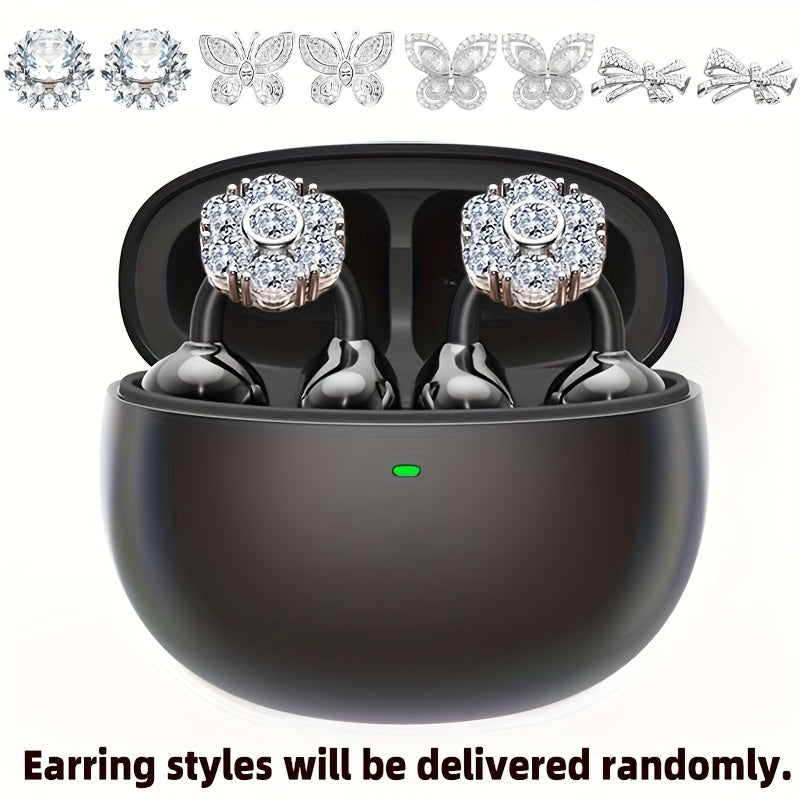 Clip On Wireless Earbuds Open Ear Bluetooth Headphones with Detachable Gemstone Earrings ANC Noise Reduction HD Stereo Hands-Free for Sports Exercise Work Study Outdoors