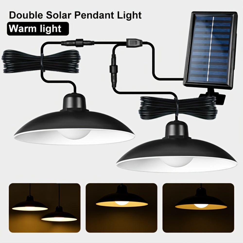 Solar Pendant Light Indoor Outdoor Hanging Light Fixture 3200mAh Rechargeable - 3 Brightness Modes Remote Control 2 LED Bulbs Warm & Cool White for Patio Gazebo Pergola Shed Garage Barn Off-Grid