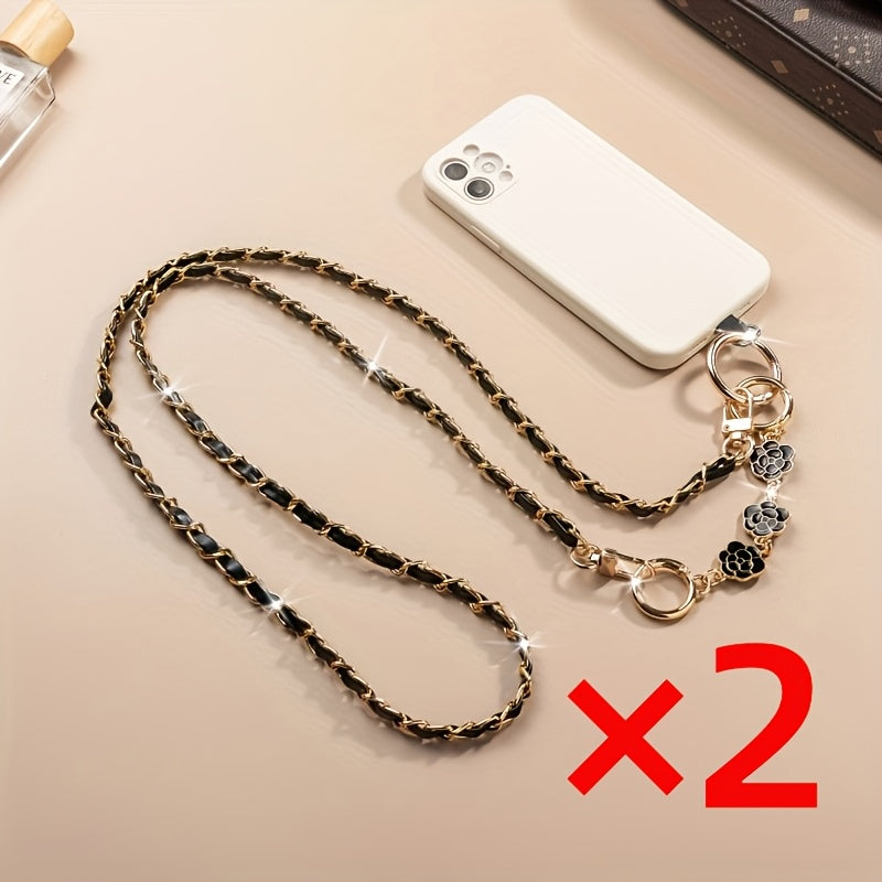 Crossbody Phone Strap Long Chain Pearl Camellia Metal Charm Elegant Lanyard for Women Girls – Clip-On Universal Fit iPhone Samsung Black White 2-5pcs Gift Set