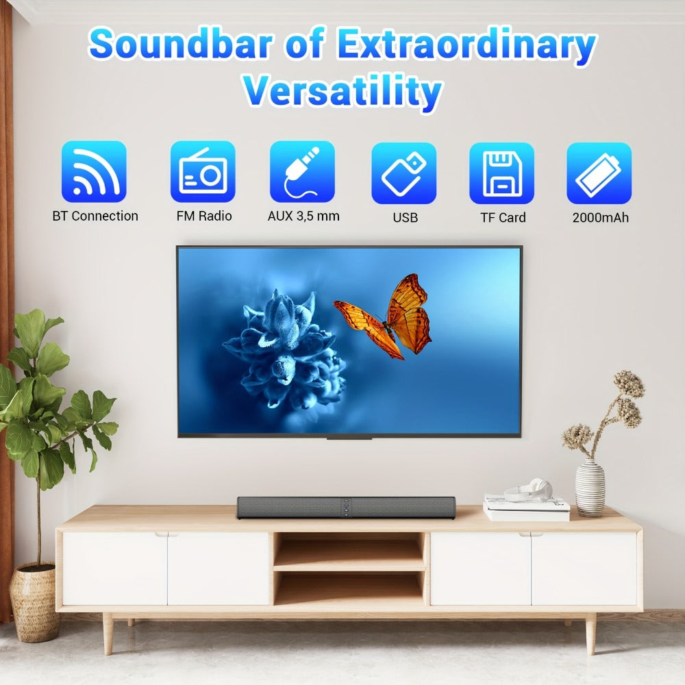 Detachable 20W TV Soundbar with Wireless Subwoofer, 3D Surround Sound Home Theater Speaker System, TF/AUX/FM/RCA/TWS, 4 Speakers, 2000mAh Battery, for TV PC Movie Game