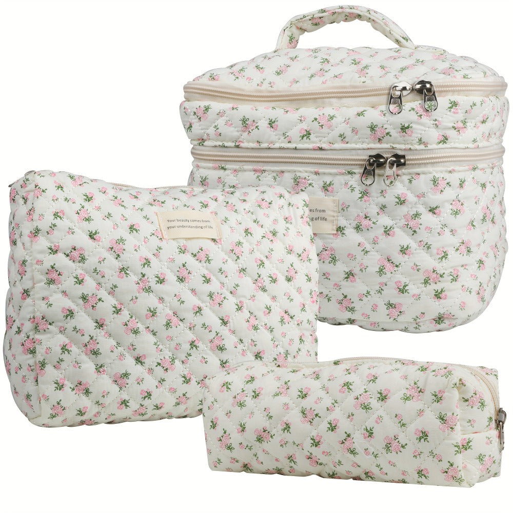 Makeup Bag Set 3 PCS Quilted Cotton Dual Layer Large Capacity Floral Coquette Aesthetic Travel Cosmetic Bag Women Toiletry Organizer Cute Soft Fabric Pouch Blue Pink Purple 6 Styles