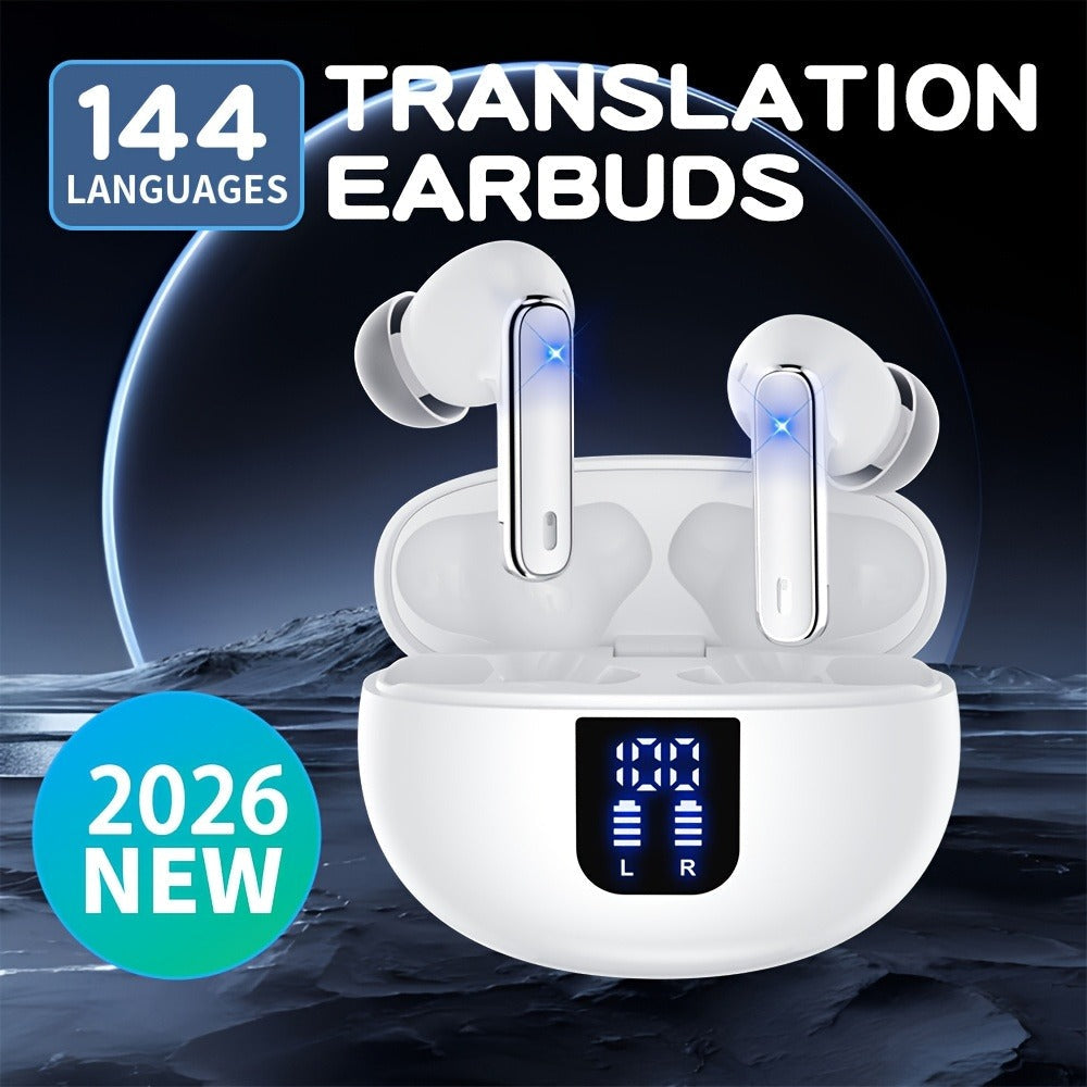 6-Mic AI Translation Earphones 3-in-1 Smart Noise Cancelling, Translate 144 Languages HiFi Sound Long Battery Life, Universal Smartphone Wireless Earbuds for Business Travel Meetings International Use