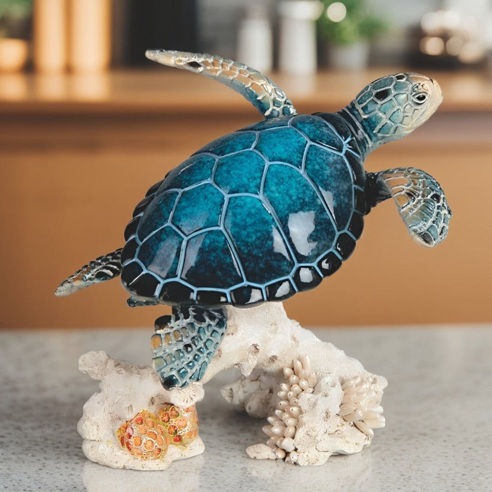 Sea Turtle Figurine Polyresin Home Decor, 4.75" Upward Swimming Turtle Sculpture for Living Room, Bedroom, Office & Bathroom, Unique Collectible Gift for Housewarming, Birthday & Holidays