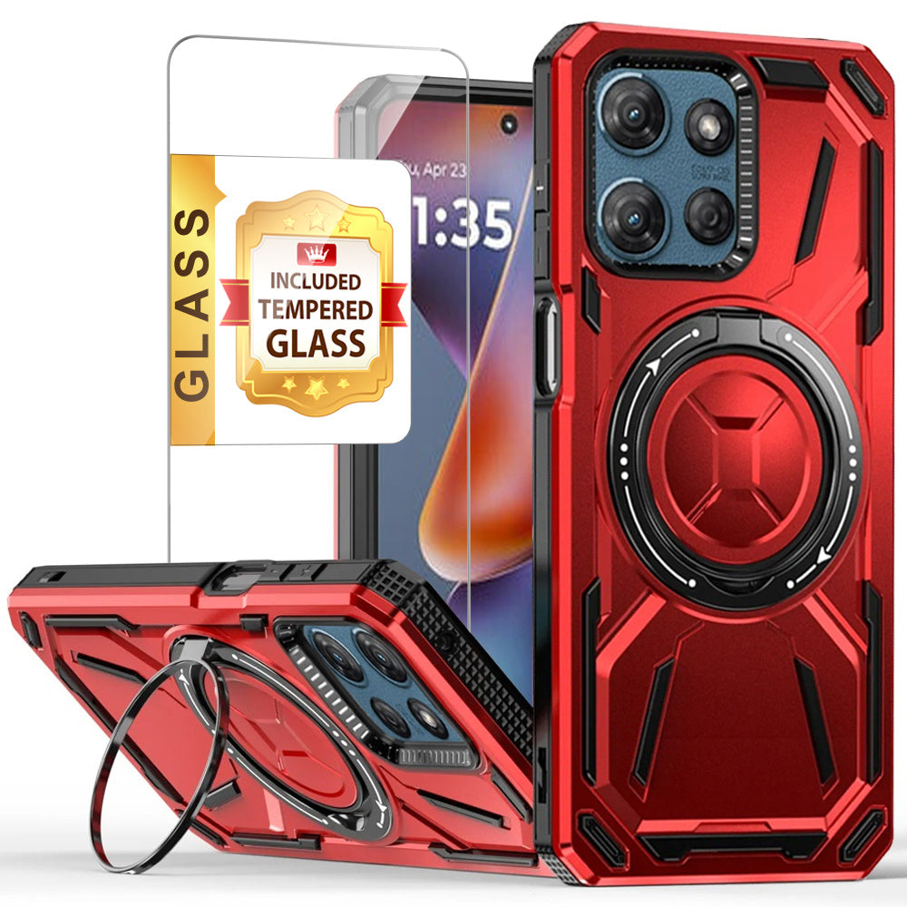 Moto G Power 5G 2025 Case with Tempered Glass Screen Protector & Magnetic Ring Stand 360° Rotatable Kickstand – Shockproof Wireless Charging Compatible Protective Cover for Motorola Moto G Power 5G 2025