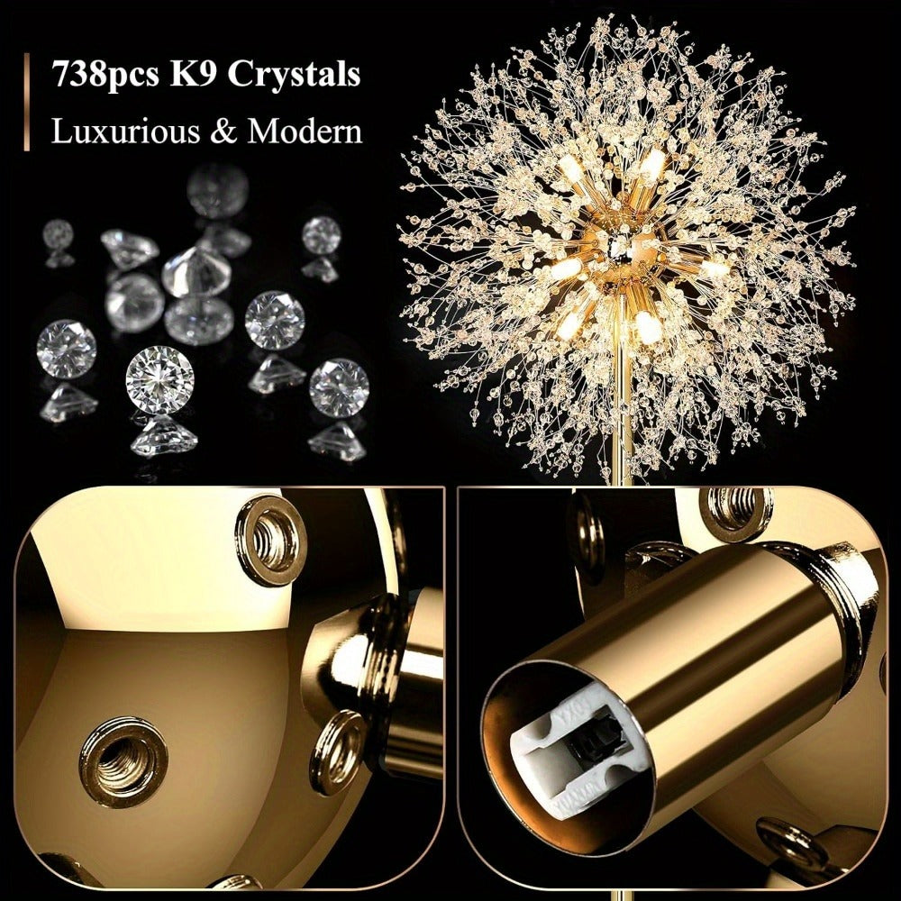 Crystal Floor Lamp Living Room 69 Inch Modern Standing Lamp – 738pcs K9 Crystals, 9 LED Bulbs, Antique Brass & Gold Finish, Tall Pole Light for Bedroom, Office & Mid Century Glam Decor