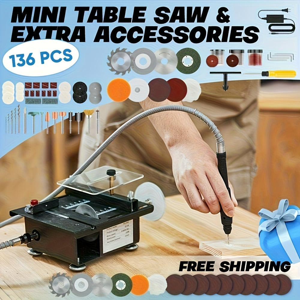 Mini Table Saw Multifunctional Desktop Cutting Machine – 100W Motor, 7-Speed Adjustable, 0–90° Angle Cut, 4 Saw Blades Included, Portable DIY Table Saw for Wood, Metal, Plastic, PCB, Acrylic – with Extra Accessories Option