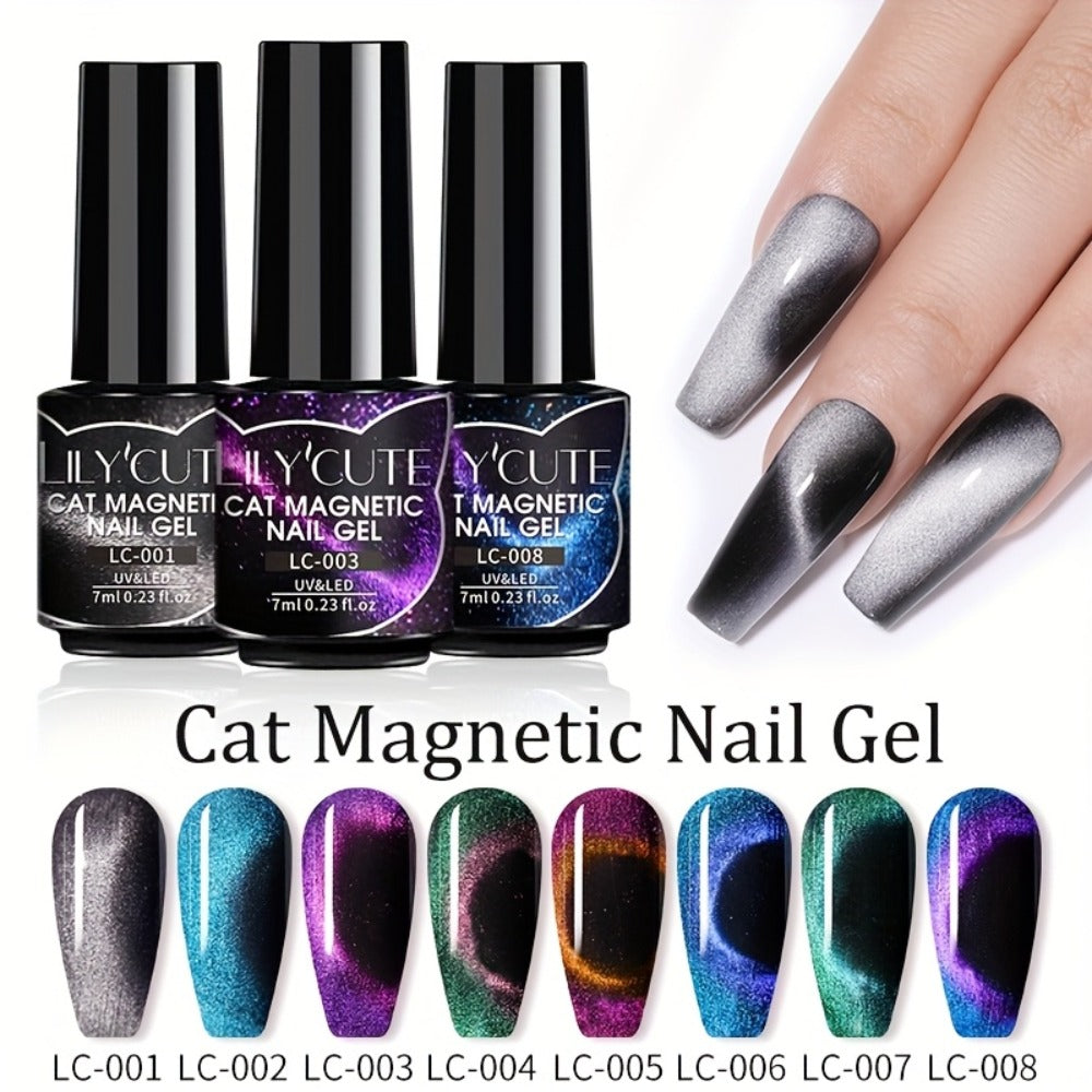 Cat Eye Gel Nail Polish Magnetic 8pcs Aurora Glitter Black Crystal Semi-Permanent — 3D Light-Shifting Nail Art Gel No Base Color Required 0.24oz LED UV Salon Home Manicure