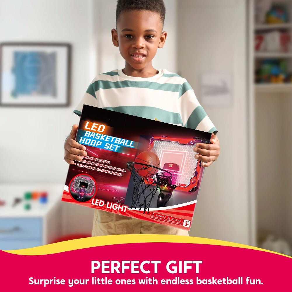 Over-the-Door Indoor Basketball Hoop with Light-Up Scoreboard, Red