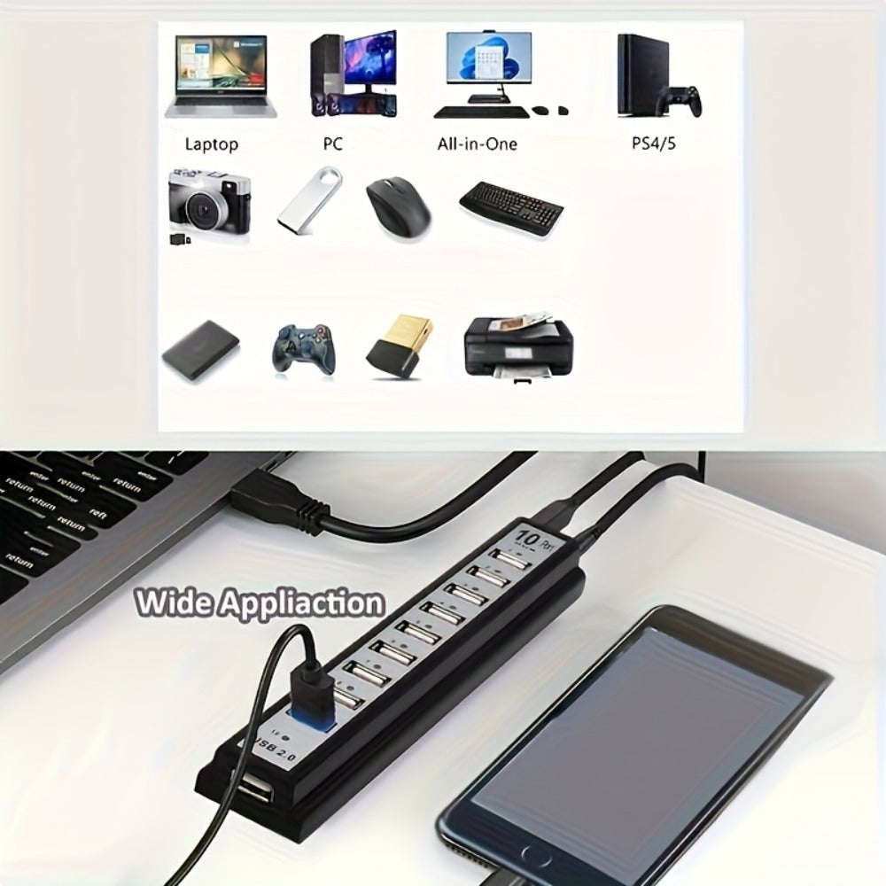 10-Port USB-A Hub with High-Speed Charging & Data Transfer – Plug and Play USB Splitter for MacBook, PC, Laptop, Desktop | 10 Device Simultaneous Connection