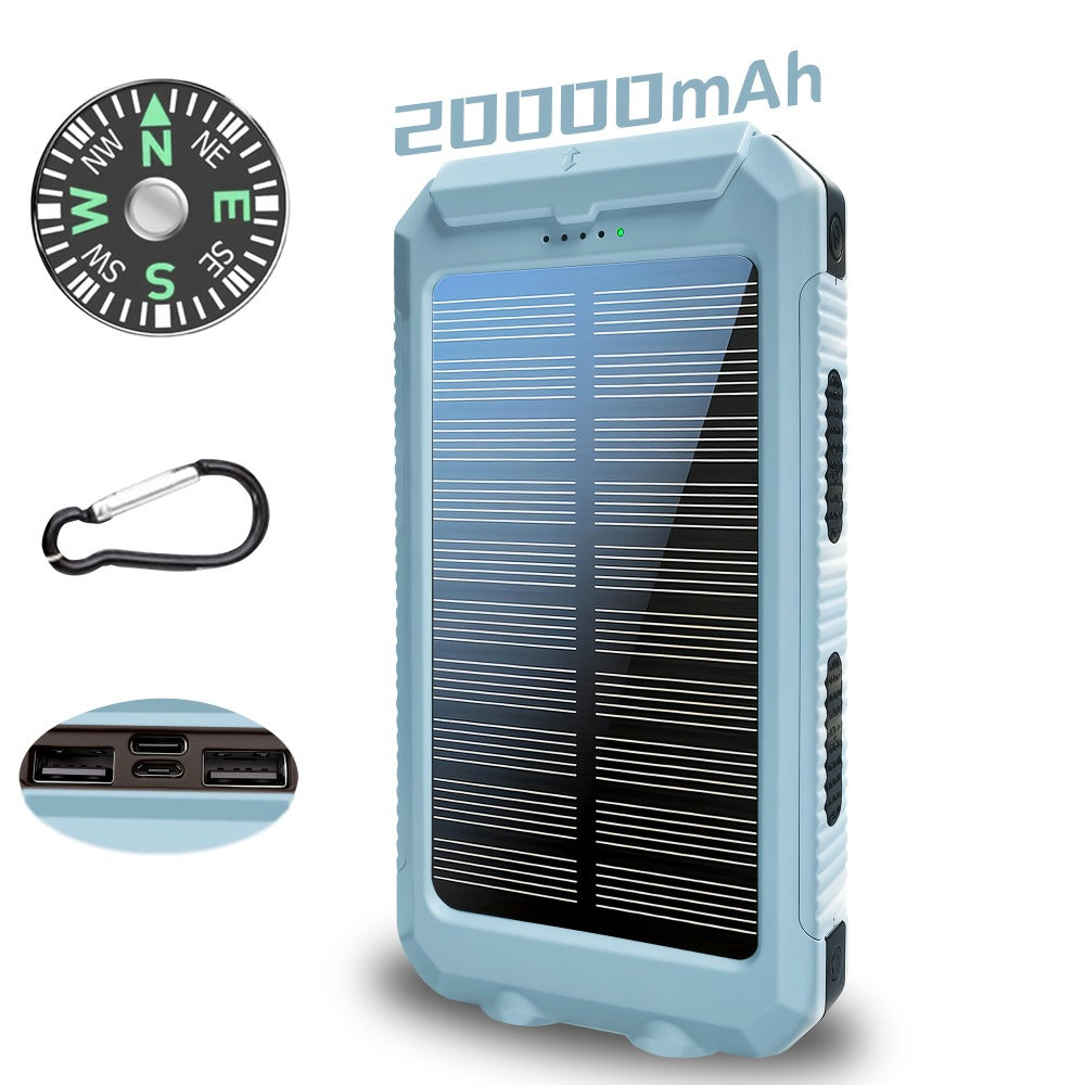 20000mAh Solar Power Bank with Built-In Flashlight & Compass – Dual USB Portable Charger for Camping Hiking Emergency Survival Outdoor Use, Compatible with All Mobile Devices, iPhone Android Samsung