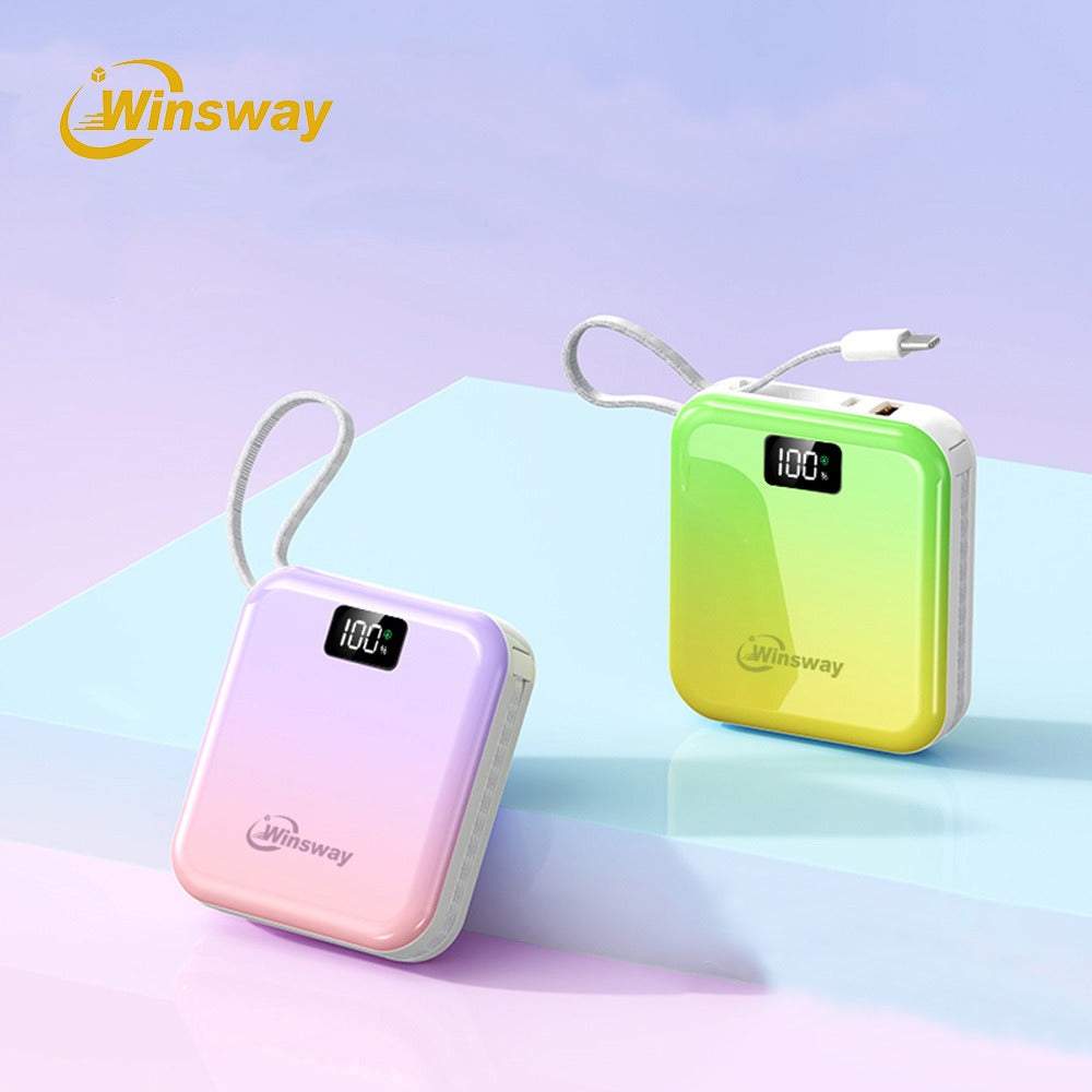 Mini Compact Power Bank 10000mAh Winsway 22.5W Fast Charging – Built-in Dual Cables USB-C & USB-A, Gradient Design, LED Display, Ultra-Lightweight Portable Charger for Travel Boarding Outdoor Gift