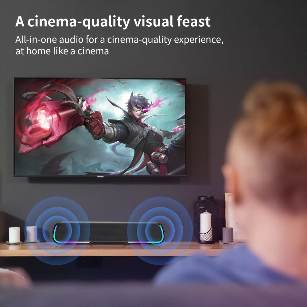 HiFi Soundbar with Subwoofer and RGB Lights, Bluetooth 5.0 Home Theater Speaker, FM Radio TF Card USB AUX TWS, Surround Sound for TV PC Laptop Gaming Console Smartphone Tablet